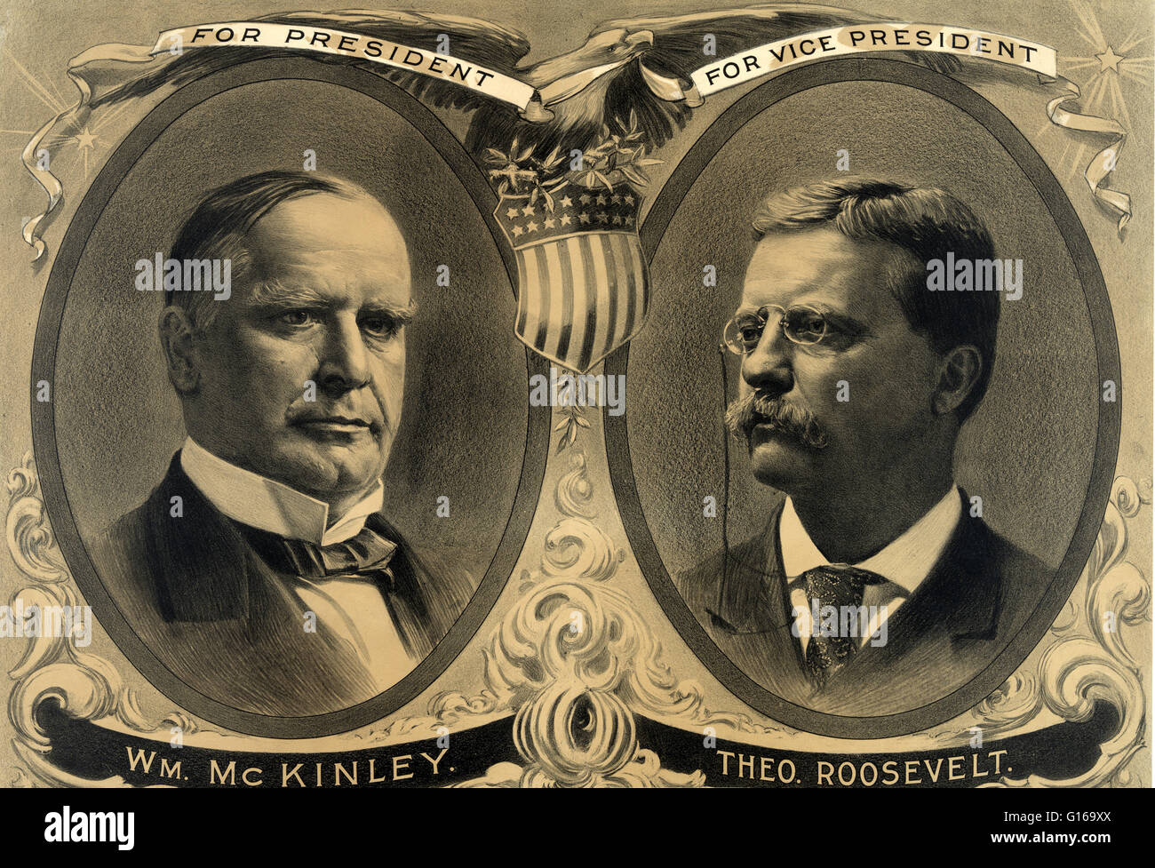 Theodore Roosevelt Kampagne Poster, 1900William und William McKinley McKinley (29. Januar 1843 - 14. September 1901) war der 25. Präsident der USA (1897-1901). Er war der letzte Präsident im amerikanischen Bürgerkrieg gedient haben. Nach dem wa Stockfoto