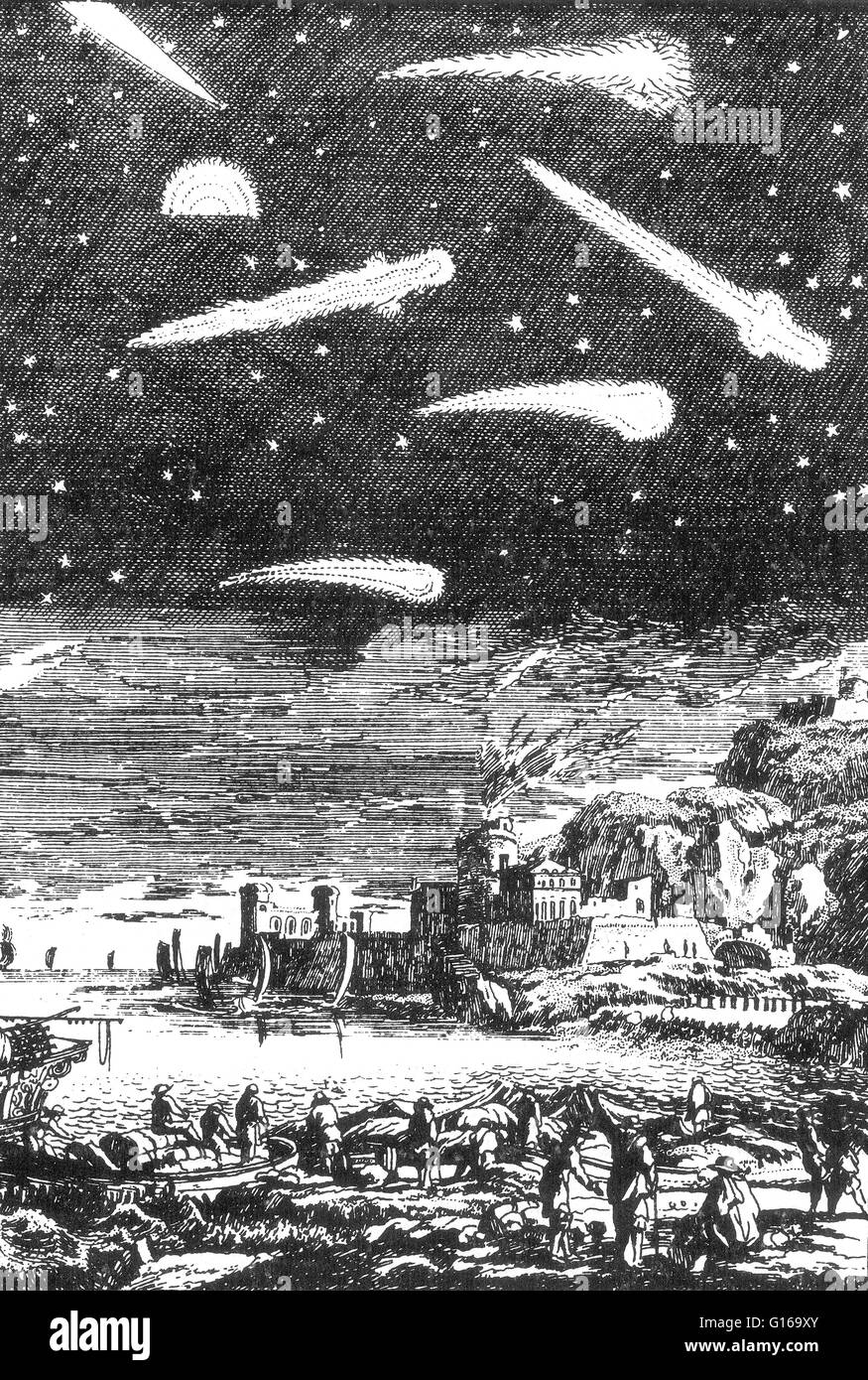 Gravur mit dem Titel: "Katastrophen auf der Erde verbunden mit der Passage des Kometen", aus dem 17. Jahrhundert. Vor der Erfindung des Teleskops schien Kometen von nirgendwo in den Himmel erscheinen und verschwinden allmählich aus den Augen. Sie waren in der Regel gucken Stockfoto