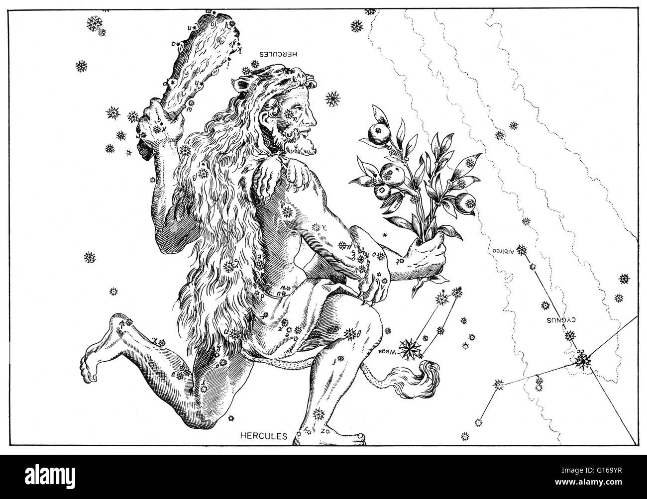 Hercules-Konstellation von Johann Bayers Sternatlas Uranometria Omnium Asterismorum, 1603. Hercules ist ein Sternbild Herkules, den römischen mythologischen Helden angepasst von dem griechischen Helden Herakles benannt. Herkules war eines der 48 Sternbilder-Liste Stockfoto
