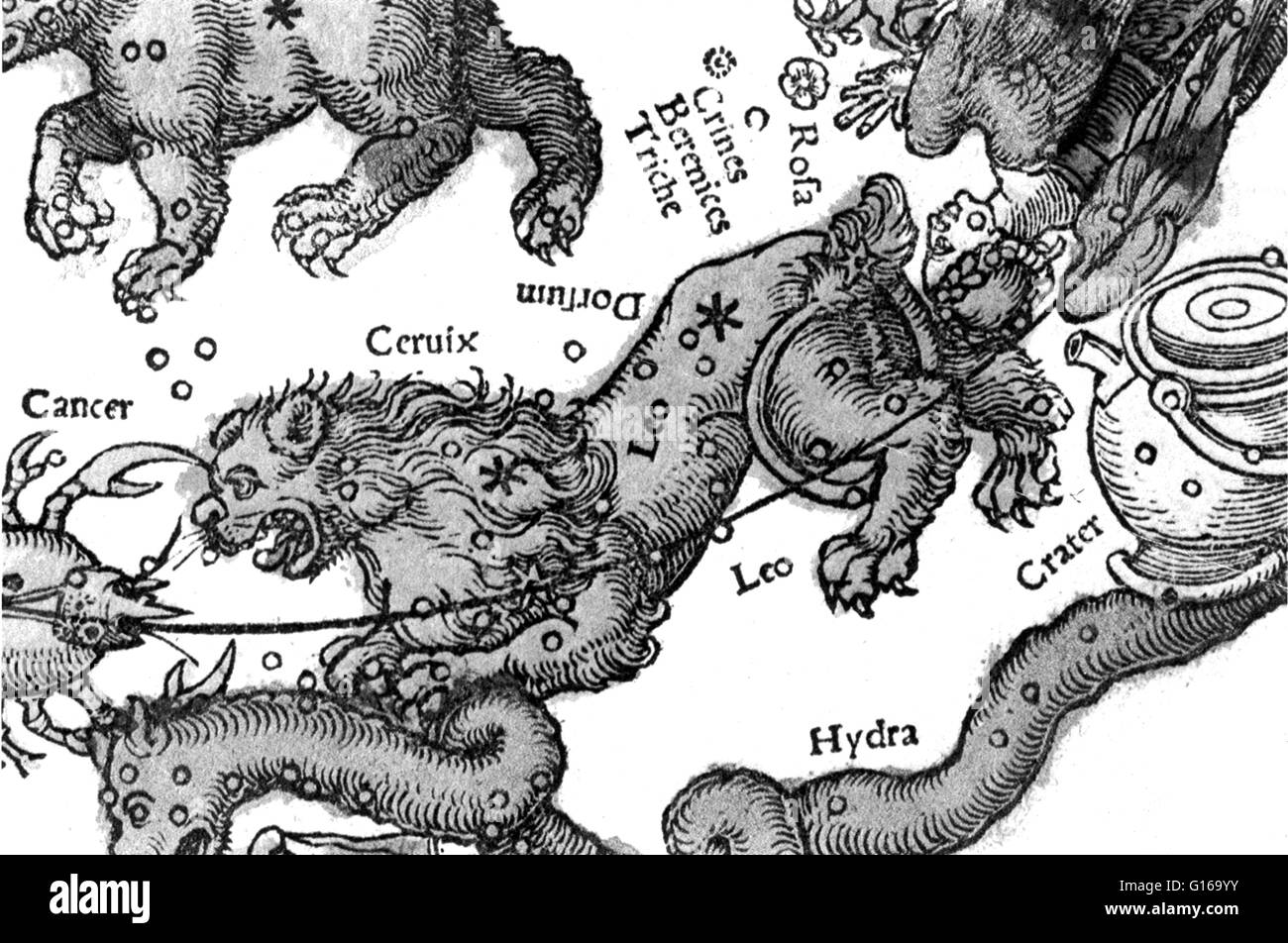 Sternbild von von Petrus Apianus, Cosmographia, 1529. Leo ist eines der Sternbilder des Tierkreises. Sein Name ist lateinisch für Lion. Eines der 48 Sternbilder von der 2. Jahrhundert Astronom Ptolemäus beschrieben, und es bleibt eines der 88 moderne c Stockfoto