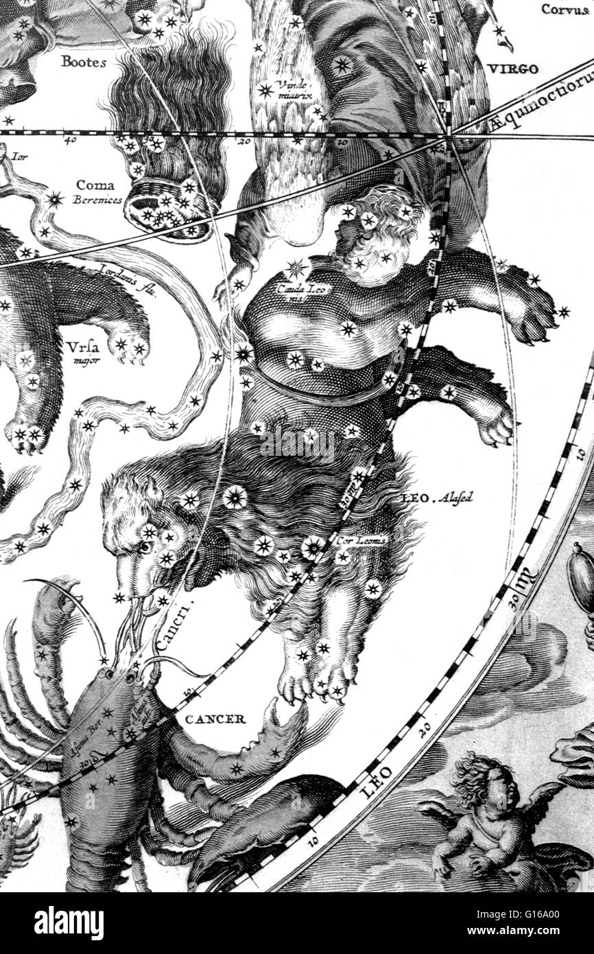 Sternbild von Andrea Cellarius' Harmonia Macrocosmica 1660. Leo ist eines der Sternbilder des Tierkreises. Sein Name ist lateinisch für Lion. Eines der 48 Sternbilder von der 2. Jahrhundert Astronom Ptolemäus beschrieben, und es bleibt eines der 88 mo Stockfoto