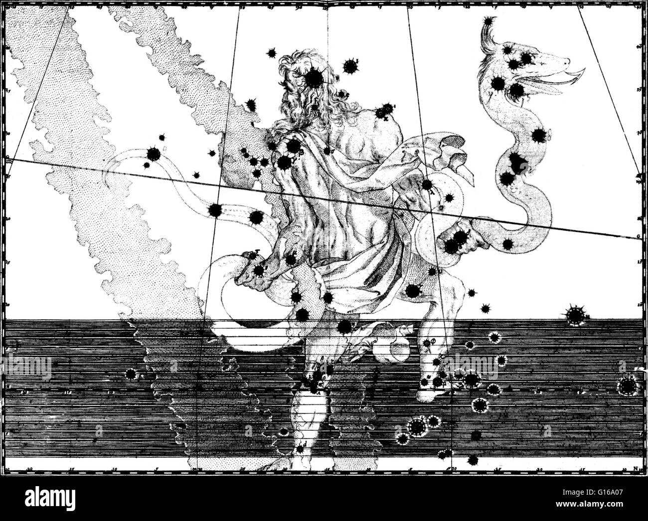 Ophiuchus Konstellation von Johann Bayers Sternatlas Uranometria Omnium Asterismorum, 1603. Ophiuchus ist eine große Konstellation rund um den Himmelsäquator. Ophiuchus war eines der 48 Sternbilder aufgeführt nach dem 2. Jahrhundert Astronom Ptolemäus, Stockfoto