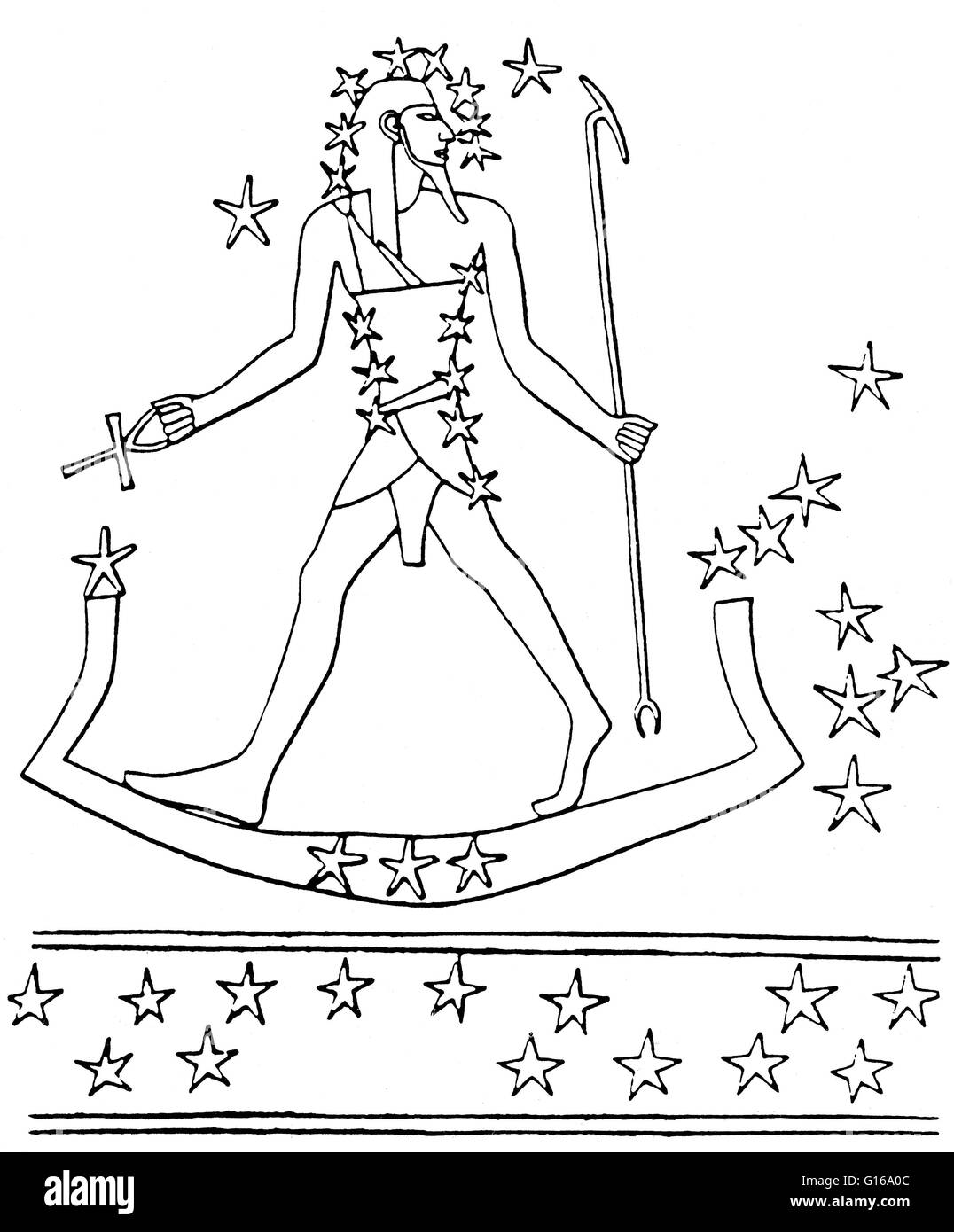 Osiris-Orion reist über den Himmel auf dem Heiligen Boot (Sterne des Lepus). Aus einer Sternenkarte im Grab des Montemhet in Luxor, ca. 650 v. Chr.. Die Sterne des Orion waren Osiris, der Sonnengott der Wiedergeburt und jenseits, von den alten Ägyptern zugeordnet. Orion Stockfoto