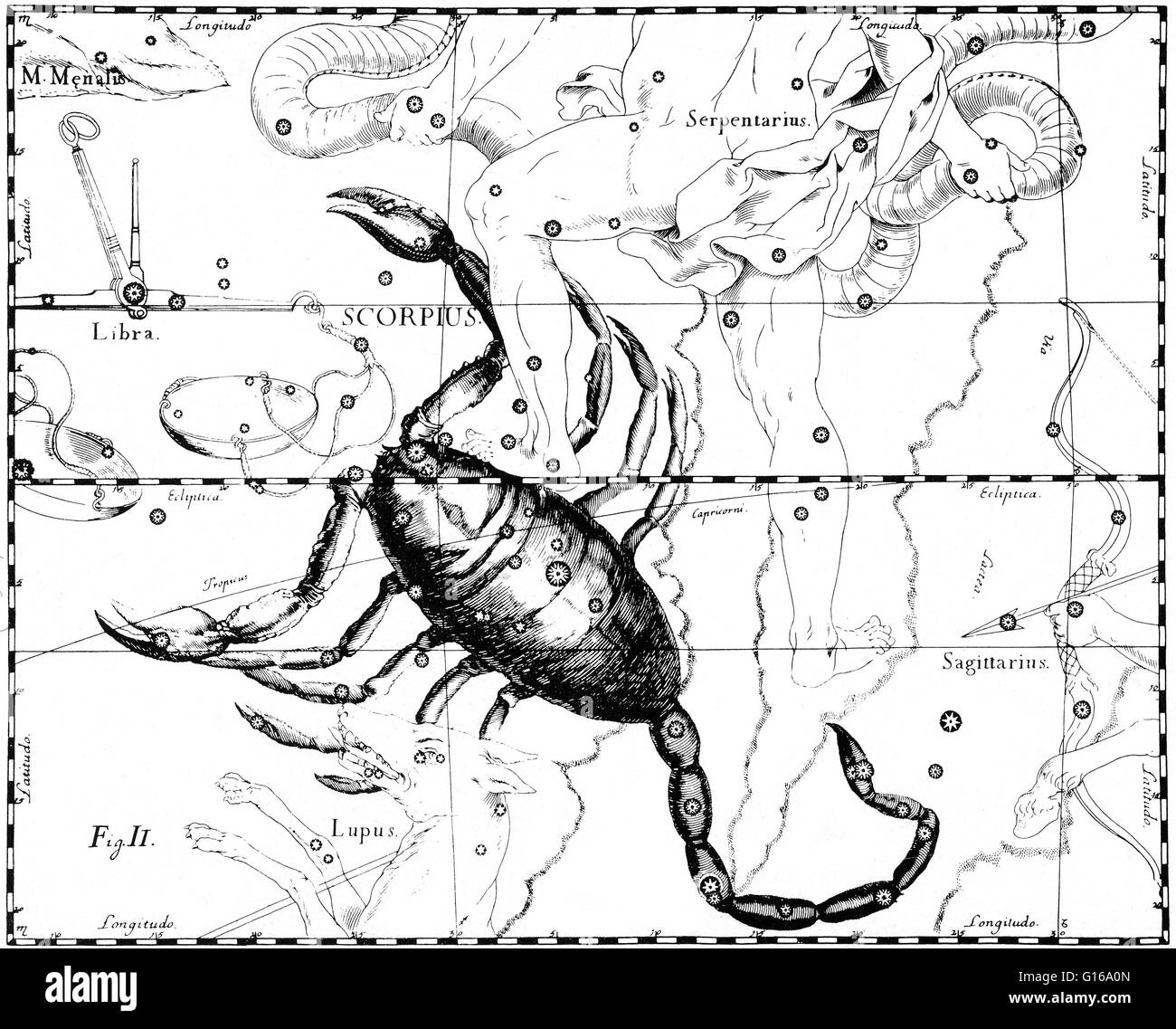 Scorpius Konstellation von Johannes Hevelius Prodromus Astronomiae, Firmamentum Sobiescianum Sive Uranographia, 1687. Scorpius, manchmal bekannt als Skorpion, ist eines der Sternbilder des Tierkreises. Sein Name ist lateinisch für Scorpion. Es ist eines der 48 Stockfoto