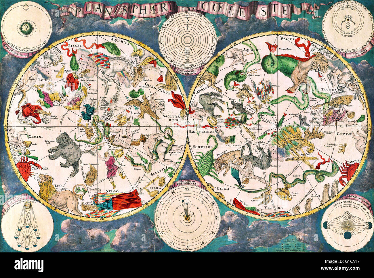 Planisphaeri Coeleste, 1680, eine himmlische Planisphere mit den Konstellationen der nördlichen und südlichen Hemisphären mit traditionellen Darstellungen von den Zeichen des Tierkreises und Konstellationen, wie Draco, Serpens und Hydra. Astronomie und ce Stockfoto
