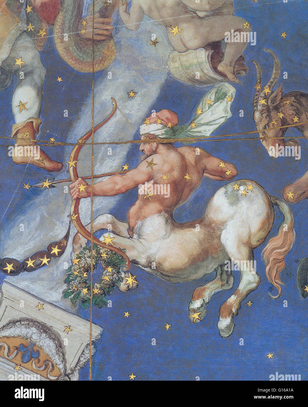 Schütze Sternbild an der Decke in der Villa Farnese, Caprarola, Italien im Jahre 1575 gemalt. Schütze ist ein Sternbild des Tierkreises, der eine enthält das galaktische Zentrum. Sein Name ist lateinisch für Bogenschützen. Es ist eines der 48 Sternbilder des Stockfoto