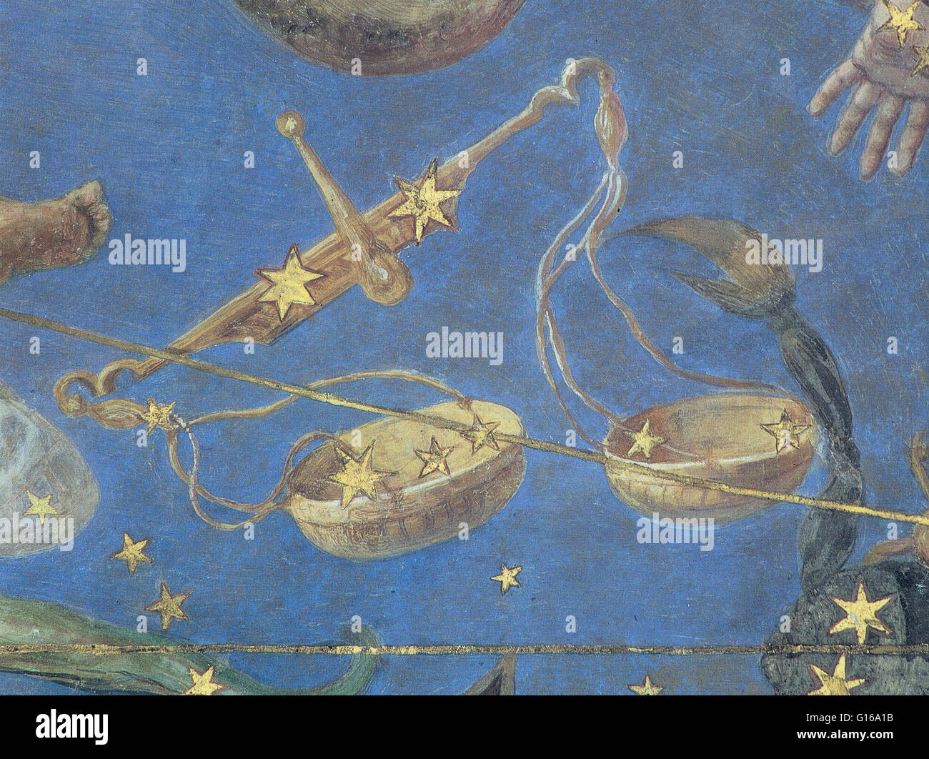 Libra Sternbild an der Decke in der Villa Farnese, Caprarola, Italien im Jahre 1575 gemalt. Die Waage ist ein Sternbild des Tierkreises. Sein Name ist lateinisch für Waagen. Es ist eines der 48 Sternbilder beschrieben von dem 2. Jahrhundert Astronom Ptolemäus, ein Stockfoto