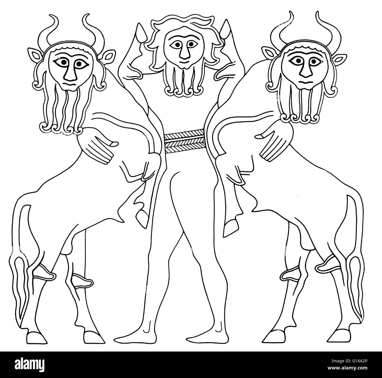Gilgamesch dämpft zwei Bullen in dieser Dekoration auf einer sumerischen Harfe 3. Jahrhundert v. Chr. datiert. Gilgamesch, ein episches Gedicht von Mesopotamia, ist unter den frühesten Werke der Literatur überleben. Die Literaturgeschichte des Gilgamesch-Epos beginnt mit fünf unab Stockfoto