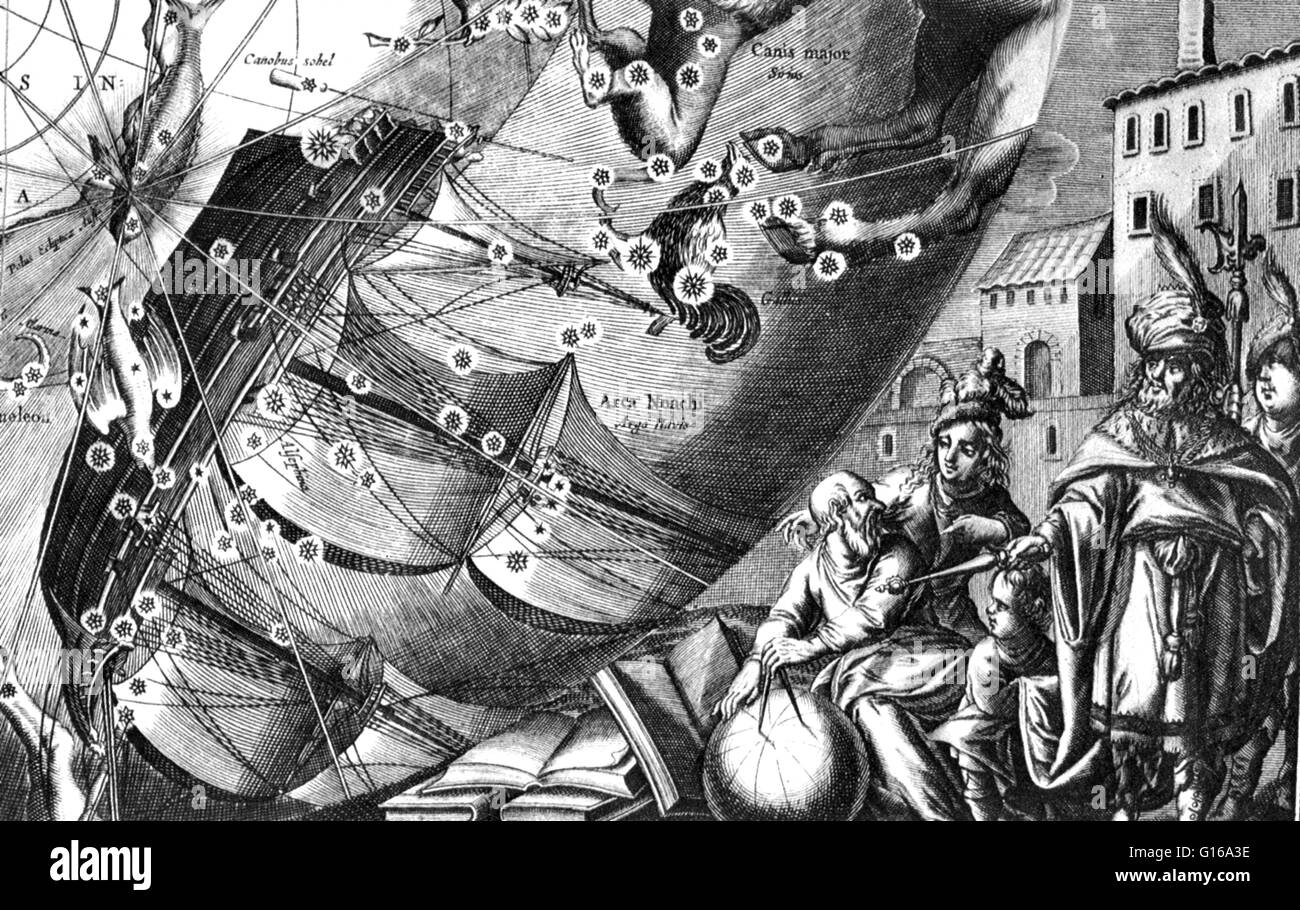Detail. Der Atlas Coelestis von Andreas Cellarius war eine eklektische Gruppe von astronomischen Tabellen und Diagramme anzeigen viele unterschiedliche und oft widersprüchliche Ansichten des Himmels. Es war teilweise ein historisches Nachschlagewerk, erklären die planetarischen theorie Stockfoto