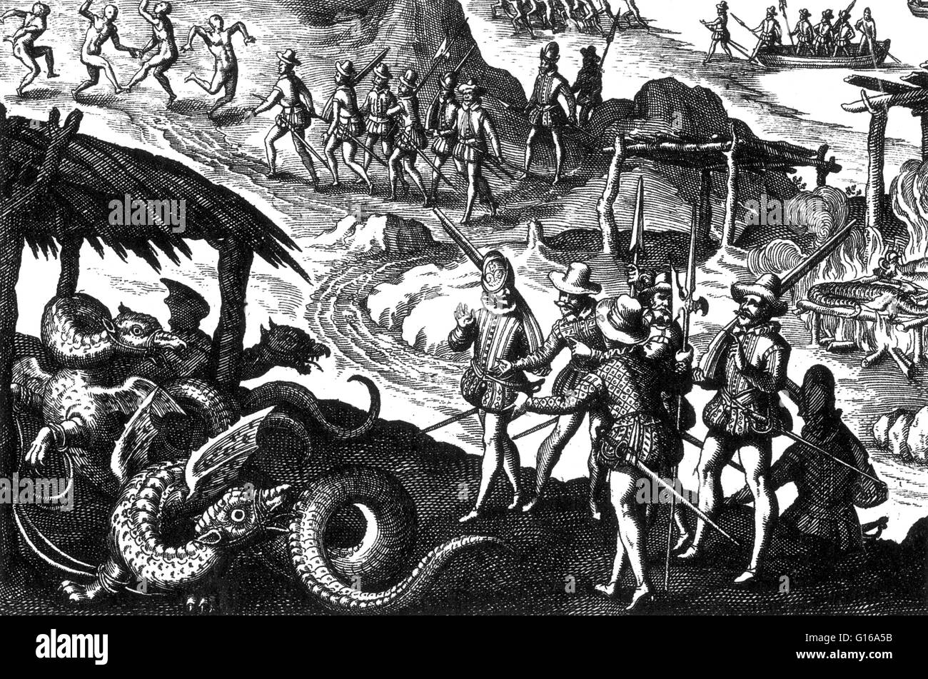 Die amerikanischen Ureinwohner Rösten Drachen, 16. Jahrhundert. Theodor de Bry Kupferstich, beschreibt der spanischen Ankunft in Amerika zu entdecken, dass die Indianer auf Drachen leben. Man ist im Hintergrund, rösten, während die Spanier in Erstaunen über den Blick Stockfoto