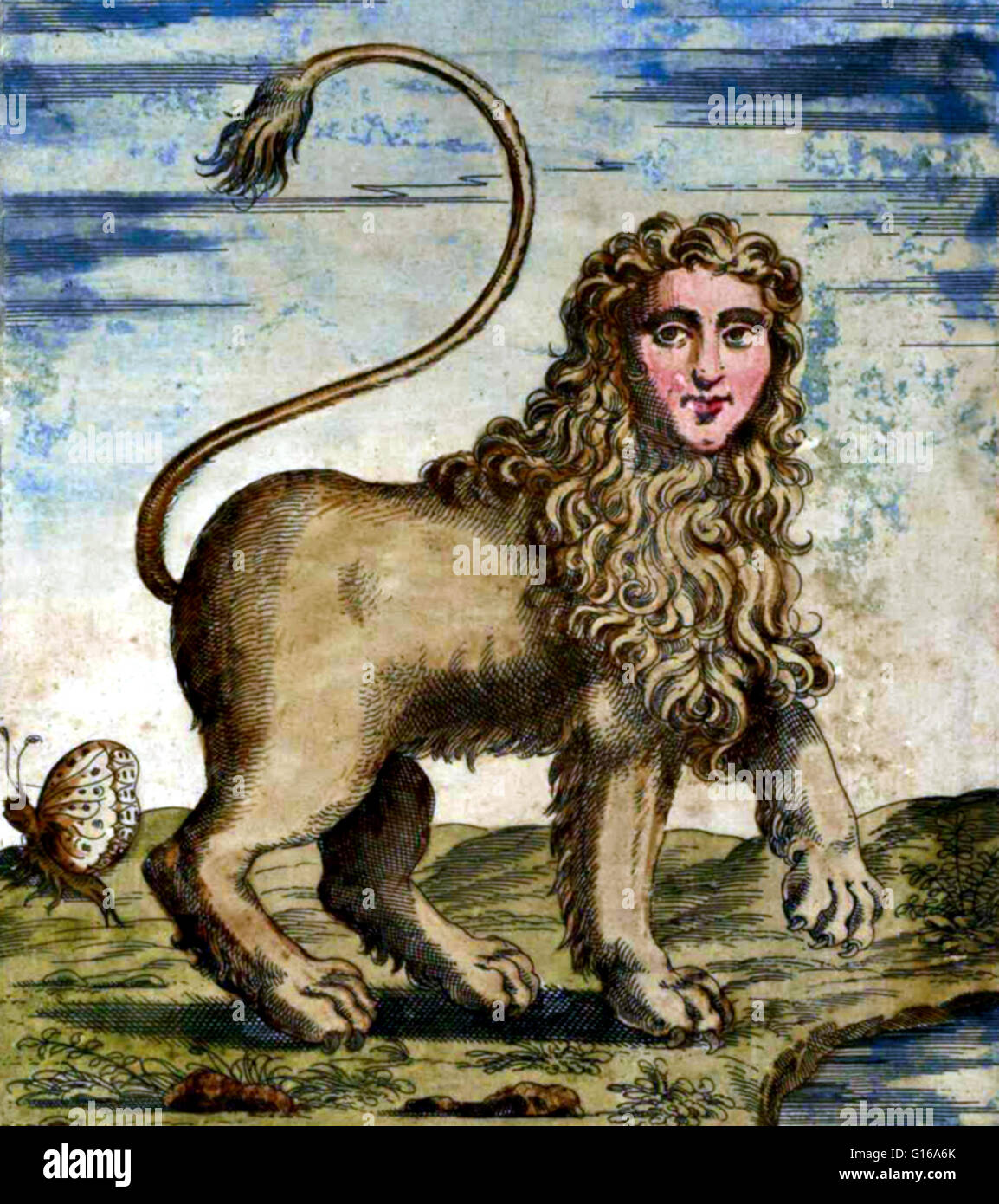 Ein Mantikor in Ulisse Aldrovandis Monstrorum Historia, 1642. Mantikor aus einer griechischen Handschrift des Liber de Proprietatibus Animalium, 16. Jahrhundert. Der Mantikor ist eine persische legendäre Kreatur, die ähnlich wie die ägyptische Sphinx. Es hat den Körper eines roten Löwen Stockfoto