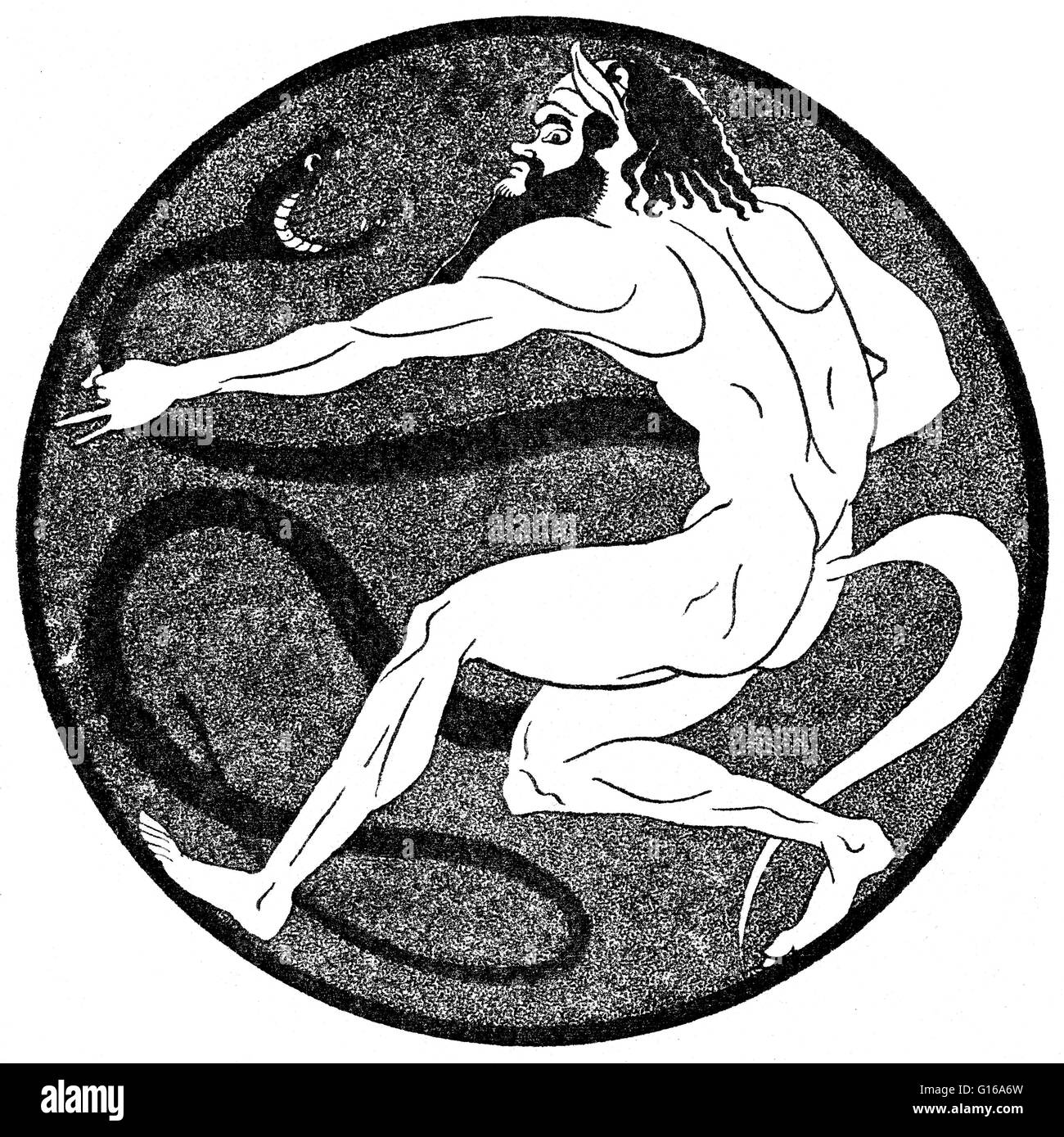 In der griechischen Mythologie sind die Satyrn Gottheiten von den Wäldern und Bergen. Sie sind halb Mensch und halb Tier; Sie haben meist eine Ziege Schweif, Flanken und Hufe. Während der obere Teil des Körpers ist, dass der Mensch, sie auch die Hörner einer Ziege haben. Sie sind Stockfoto