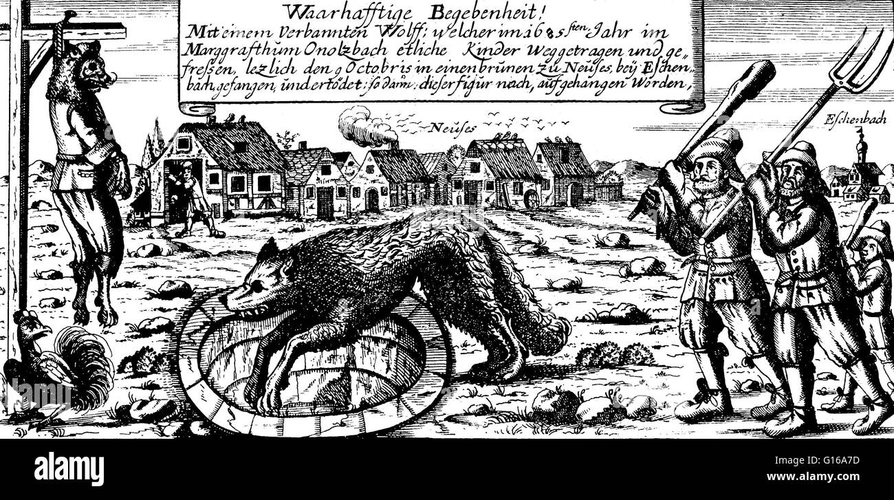 1685 wurde die bayerische Stadt Ansbach von eine große böse Wolf terrorisiert. Die Gerüchte waren, dass der Wolf eigentlich ein Werwolf war deren Identität der Toten Bürgermeister der Stadt war. Als der Wolf getötet wurde, die Menschen in Ansbach gekleidet der Wolf c Stockfoto
