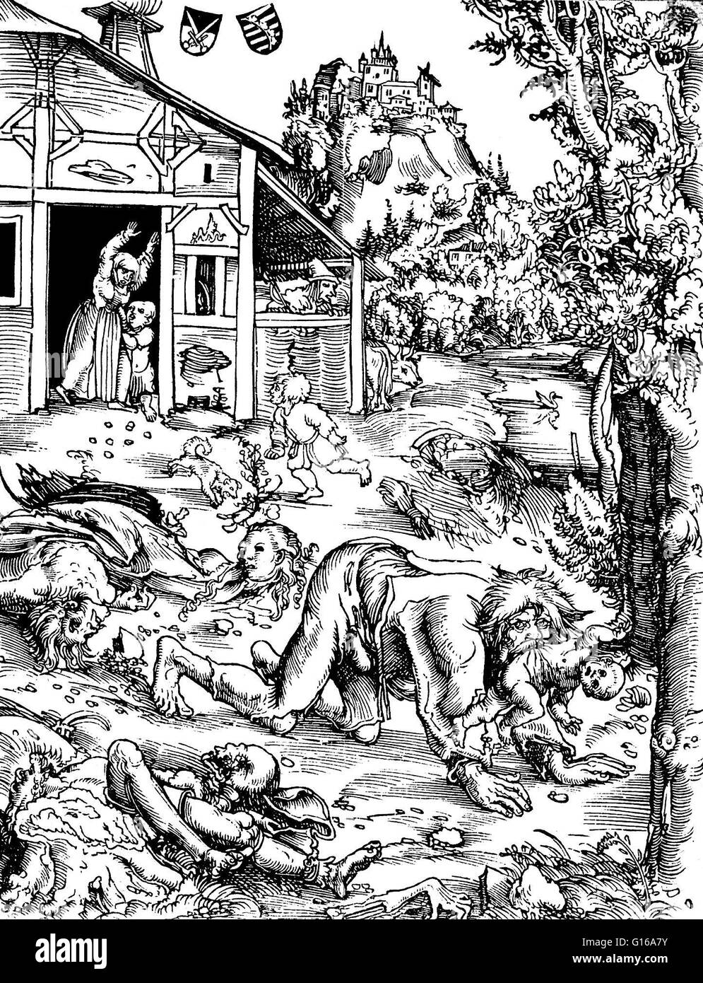 Holzschnitt von einem Werwolf Angriff von Lucas Cranach der ältere, 1512. Ein Werwolf ist in der Europäischen Folklore, ein Mann, verwandelt sich nachts in einen Wolf und verschlingt, Tiere, Menschen oder Leichen aber kehrt in Menschengestalt tagsüber. Einige Werwölfe ändern Form nach Belieben; andere Stockfoto