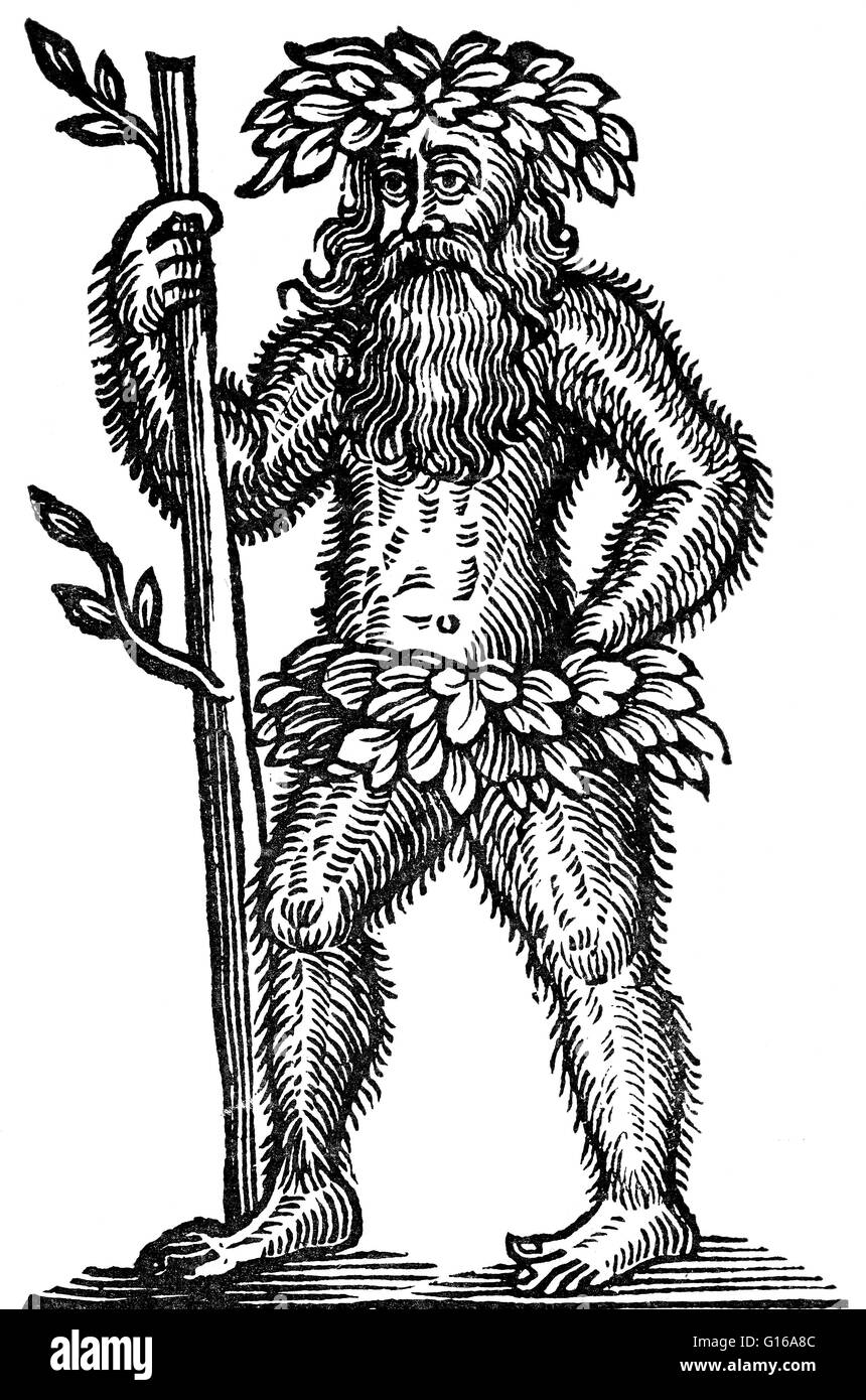 Der wilde Mann ist ein mythischer behaarte Wald Wesen, die in der Kunst und Literatur des mittelalterlichen Europa erscheint. Das mittelalterliche wilder Mann-Konzept stützte sich auf Überlieferungen über ähnliche Wesen aus der klassischen Welt wie die römischen Faun und Silvanus. Auf mytholog Stockfoto