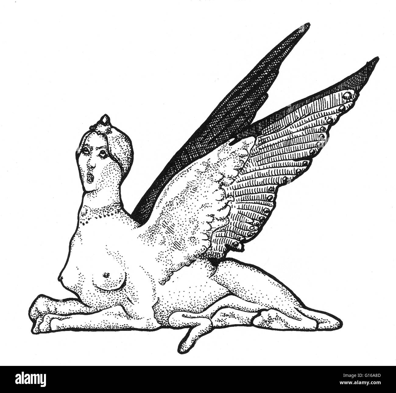 Eine Sphinx ist ein Fabelwesen mit, als ein Minimum, den Körper eines Löwen und eines menschlichen Kopfes. In der griechischen Mythologie ist eine Sphinx als ein Monster mit Kopf einer Frau, den Körper von einer Löwin, die Flügel eines Adlers und eine Schlange-vorangegangene Schweif dargestellt. Sie war trea Stockfoto