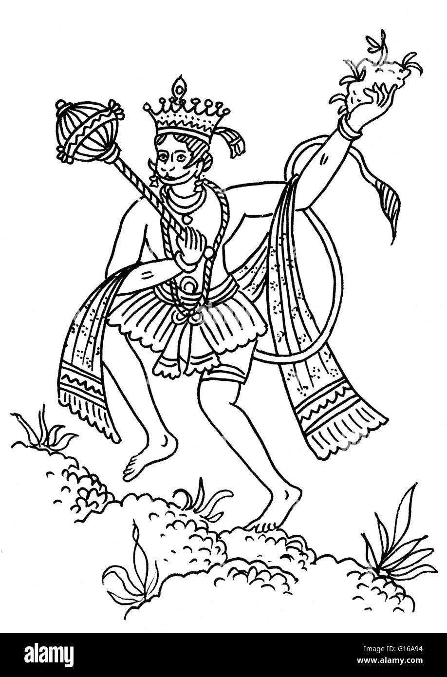 Hanuman den medizinischen Berg zu transportieren. Hanuman, zusammen mit Ganesha und Garuda, gehört zu den drei wichtigsten tierischen Gottheiten in der hinduistischen Mythologie, die nach der Vedic Periode in der indischen Geschichte entwickelt hat. Er ist überall in Indien als der Affe liebte. Stockfoto