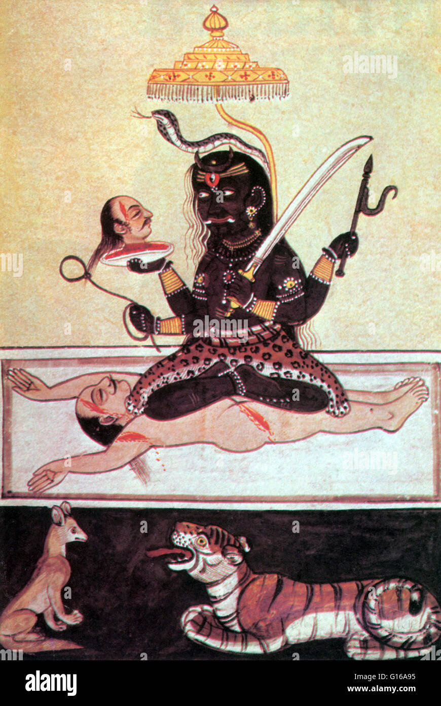 Kali ist die heftige Aspekt der Göttin Durga. Kali (die schwarze eins) ist die hinduistische Muttergöttin, Symbol für Auflösung und Zerstörung. Sie zerstört Unwissenheit, unterhält die Weltordnung und segnet und befreit Wer streben nach der Erkenntnis Gottes. SH Stockfoto