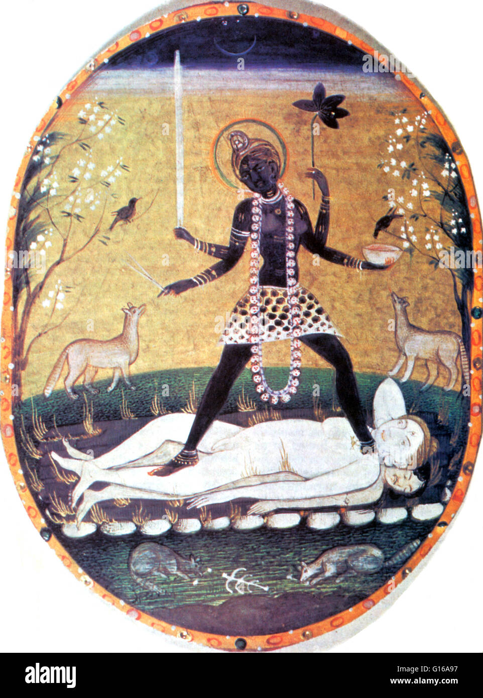 Kali ist die heftige Aspekt der Göttin Durga. Kali (die schwarze eins) ist die hinduistische Muttergöttin, Symbol für Auflösung und Zerstörung. Sie zerstört Unwissenheit, unterhält die Weltordnung und segnet und befreit Wer streben nach der Erkenntnis Gottes. SH Stockfoto
