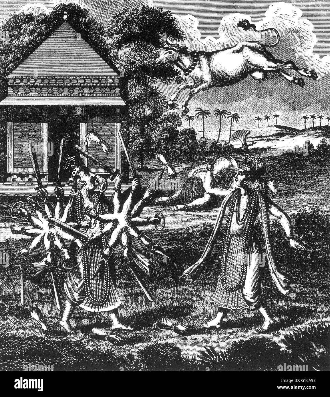 Parasurama mit seine Streitaxt, die Arme des Königs Räuber, Kartavirya, abzuschneiden, die heilige Kuh des weisen Jamadagni gestohlen hatte. ist der sechste Avatar von Vishnu, Nachkomme von Brahma und Schüler von Shiva. Ein Avatar ist die Manifestation einer Gottheit in h Stockfoto