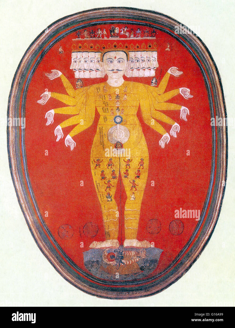 Purusha, der 1000-köpfigen kosmischen Mann steht auf Vishnu. Der kosmische Mensch ist auch, dass eine archetypische Figur, die in Schöpfungsmythen der unterschiedlichsten Kulturen auf der ganzen Welt und Teile seines Körpers erscheint physischen Teile des Universums wurde. Das Universum ist Stockfoto