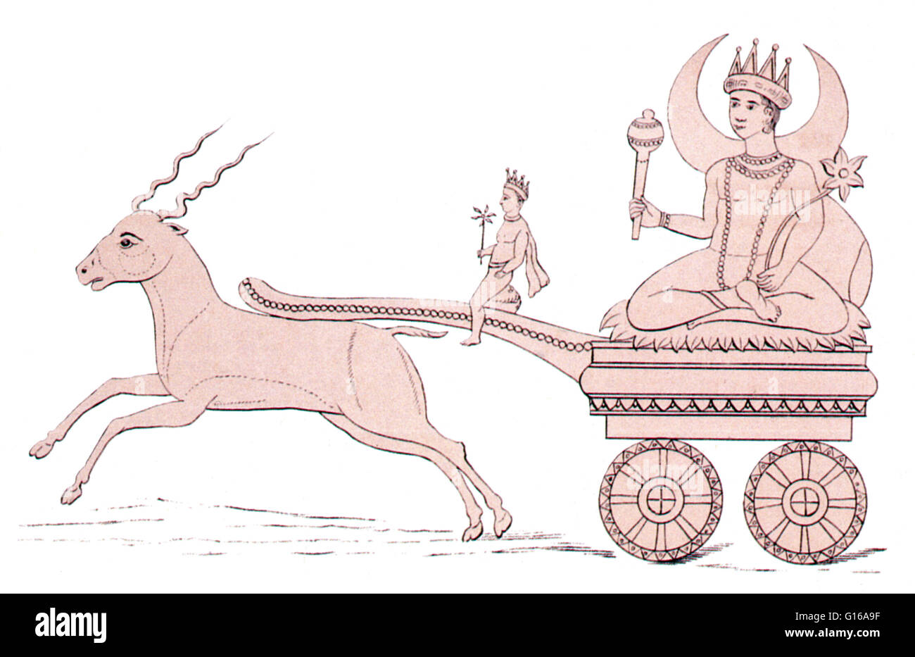 Soma fährt einen Wagen, gezogen von einer Antilope. Soma ist eine sehr schwierige Gottheit für viele außerhalb Indiens zu begreifen. Er arbeitet auf mehreren Ebenen, die miteinander, eher seltsam verbunden sind. Soma ist erstens eine Pflanze. Er ist auch ein berauschender zu trinken Stockfoto