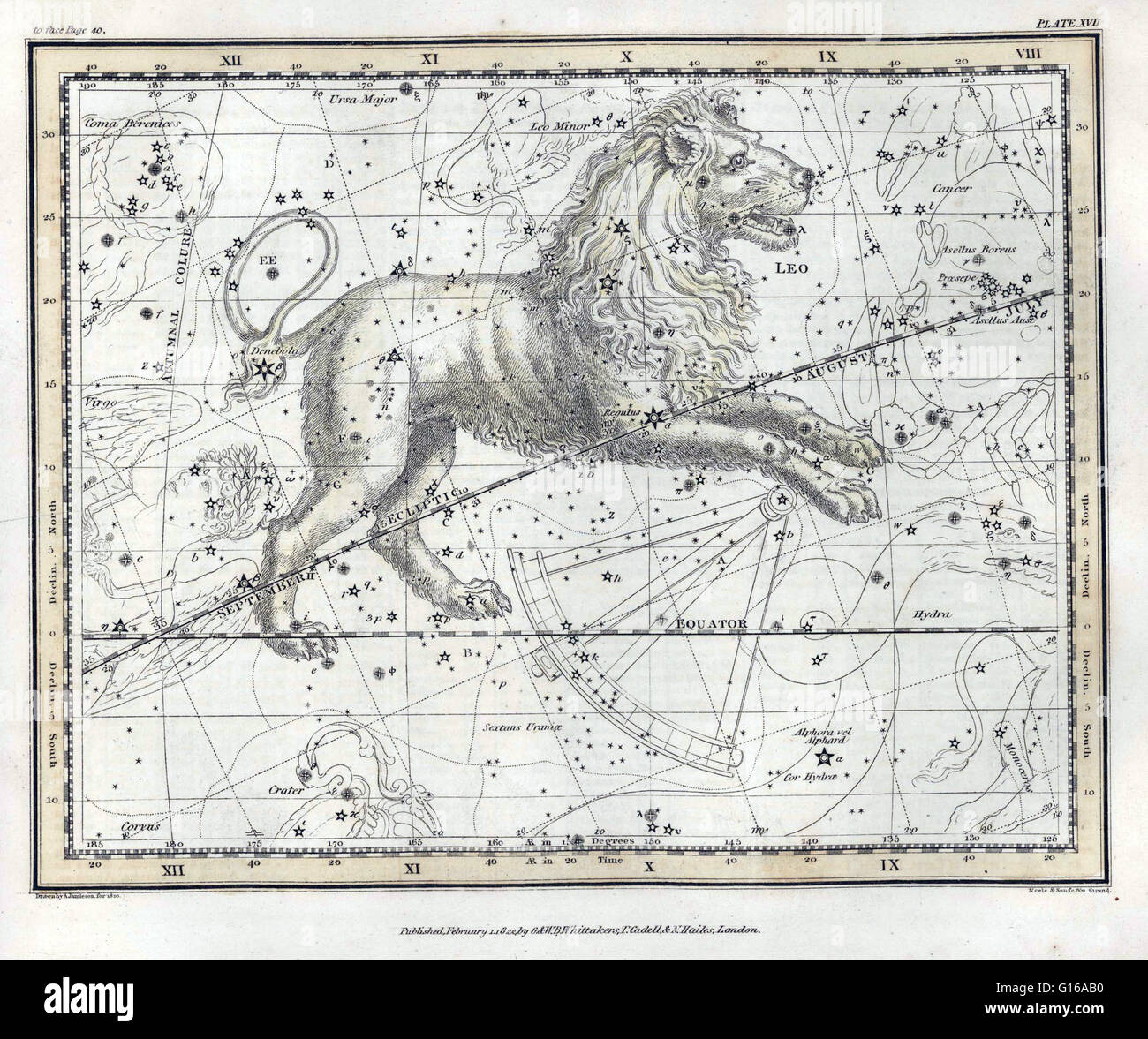 Leo ist eines der Sternbilder des Tierkreises. Sein Name ist lateinisch für Lion. Eines der 48 Sternbilder von der 2. Jahrhundert Astronom Ptolemäus beschrieben, und es bleibt eines der 88 modernen Sternbilder durch die Internationale Astronomische Union definiert. L Stockfoto