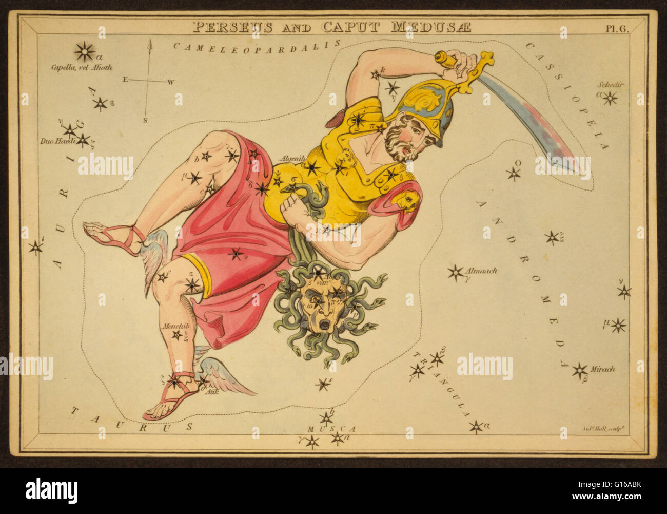 Astronomische Diagramm mit blutigen Schwert und den abgetrennten Kopf der Medusa bilden das Sternbild Perseus. Perseus mit dem Haupt der Medusa Gorgon. Perseus ist ein Sternbild am nördlichen Himmel, benannt nach dem griechischen Helden Perseus. Es war am Stockfoto