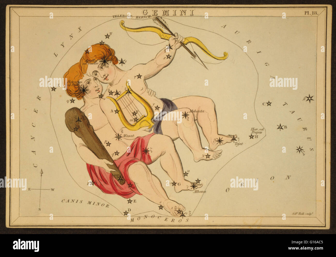 Astronomische Diagramm die Zwillinge Castor und Pollux bilden die Konstellation. Gemini ist eines der Sternbilder des Tierkreises. Es war eines der 48 Sternbilder von dem 2. Jahrhundert n. Chr. Astronom Ptolemäus beschrieben und es bleibt eine der modernen 88 Stockfoto