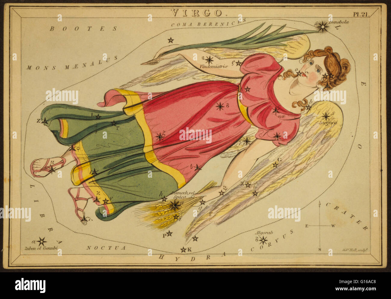 Astronomische Diagramm zeigt eine geflügelten Jungfrau Holding Weizen in ihrer linken Hand und eine Lilie in der rechten Hand bilden die Konstellation. Jungfrau ist eines der Sternbilder des Tierkreises. Sein Name ist lateinisch für Jungfrau. Es war eines der 48 Sternbilder gelistet Stockfoto