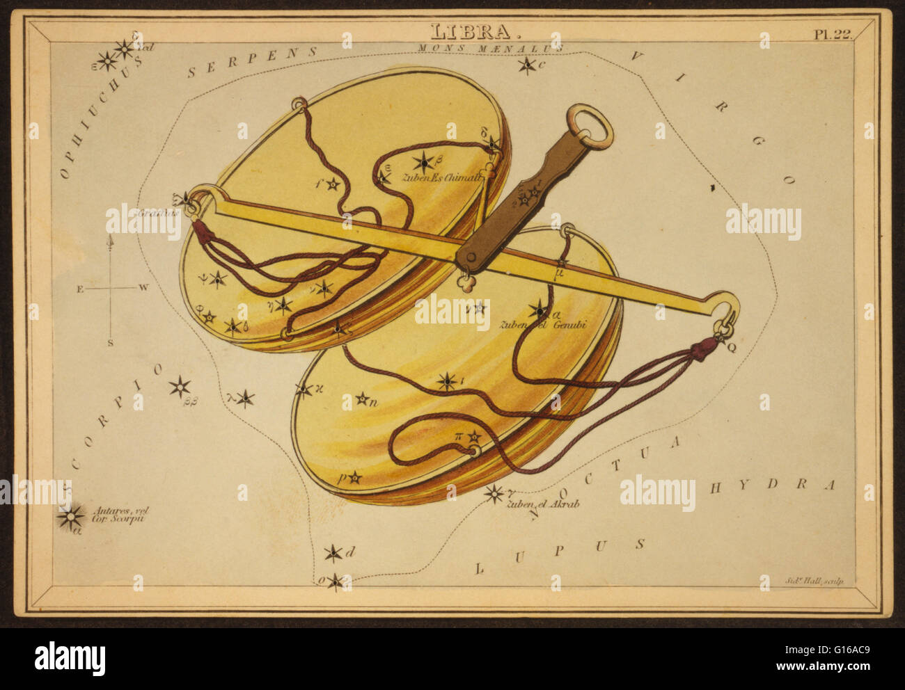Astronomische Diagramm zeigt ein Gleichgewicht bilden die Konstellation. Libra Sternbild. Ptolemäus Star Catalogue, aus einer spätlateinischen Version des Almagest, 1490. Die Waage ist ein Sternbild des Tierkreises. Sein Name ist lateinisch für Waagen. Es ist eines der Stockfoto