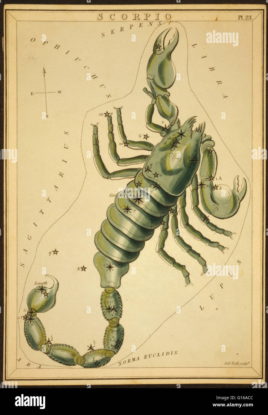 Astronomische Diagramm bilden das Sternbild Skorpion. Scorpius, manchmal bekannt als Skorpion, ist eines der Sternbilder des Tierkreises. Sein Name ist lateinisch für Scorpion. Es ist eines der 48 Sternbilder beschrieben von dem 2. Jahrhundert Astronom P Stockfoto