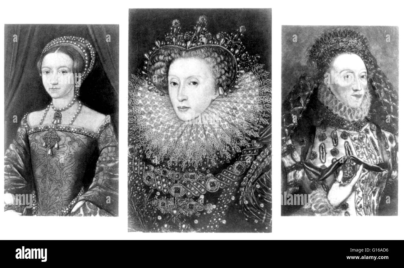 Drei Porträts von Elizabeth, die ich mit ihr in ihrer Jugend, mittleren Alter und ältere Menschen: (1) nach der Schule von Holbein, auf Schloss Windsor (2) Hermelin Portrait von F. Zucchero; (3) durch Marc Garrard, dem älteren. Elizabeth war ich (7 September 1533 - 24. März 1603) qu Stockfoto