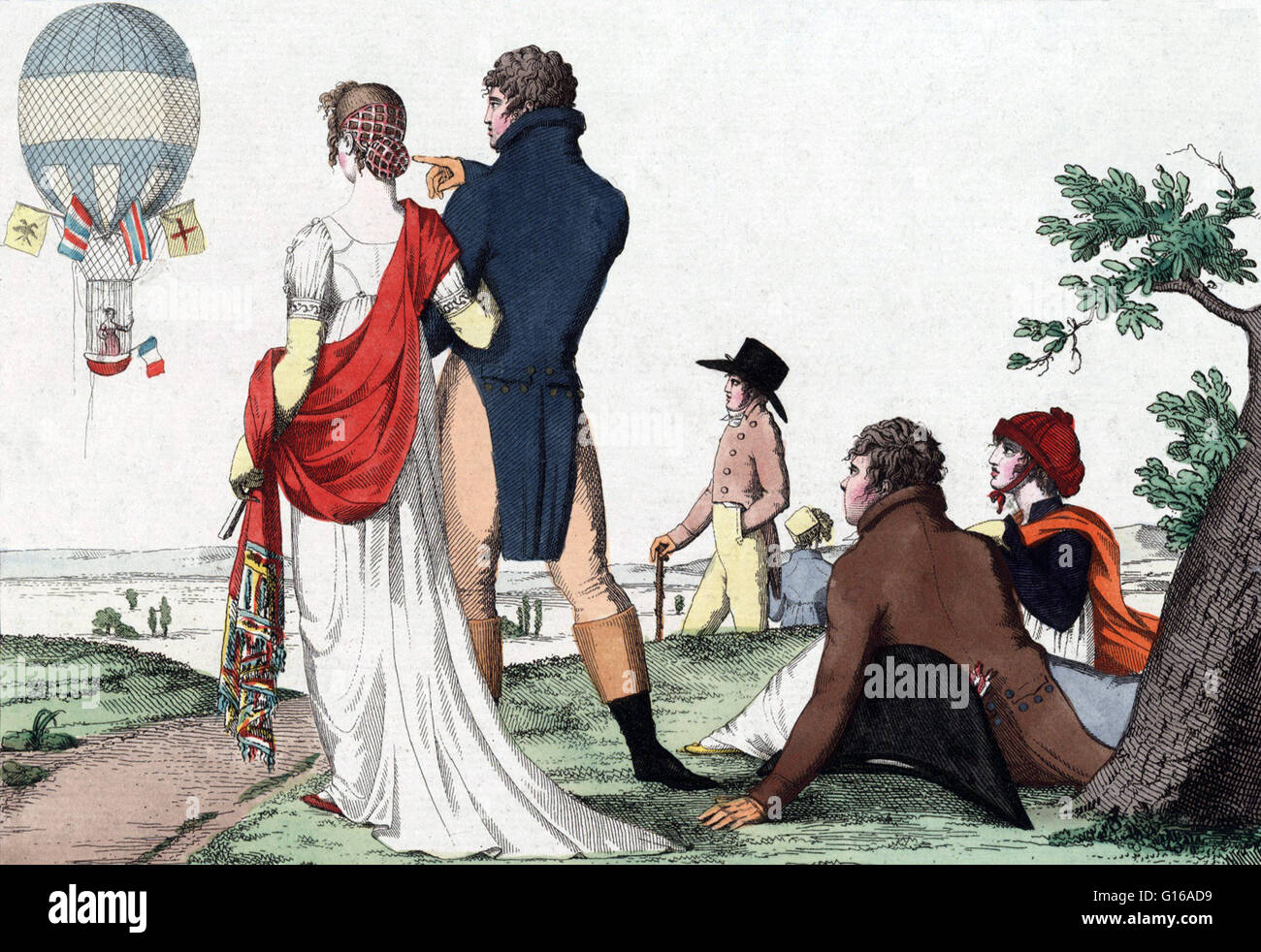 Französische Mode, die Zeitschrift Karikatur modisch zeigt gekleidet Zuschauern Jeanne Garnerins aufsteigend in einem Ballon am 28. März 1802. Jeanne-Geneviève Garnerin (geb. Labrosse 1775-1847) war ein französischer Ballonfahrer und Fallschirmspringer. Sie war unter der Krähe Stockfoto