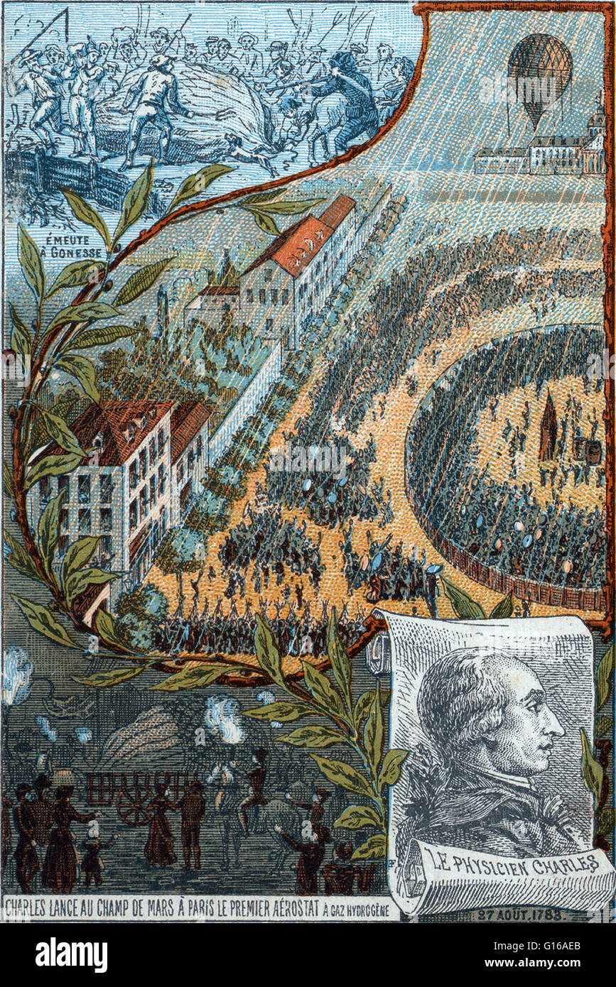 Der erste Start von einem Gasballon von Jacques Charles und Robert Brothers, 27. August 1783, auf dem Champ de Mars, Paris. Jacques Alexandre César Charles (12. November 1746 - 7. April 1823) war ein französischer Erfinder, Wissenschaftler, Mathematiker und Ballonfahrer. Ch Stockfoto