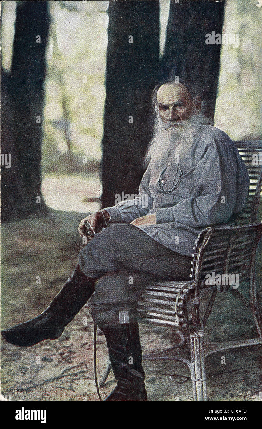 Tolstoi fotografiert in seinem Yasnaya Polyana Anwesen im Mai 1908 von Sergey Prokudin-Gorski. Die einzige bekannte Farbfoto des Schriftstellers. Leo Tolstoy (Count Lev Nikolayevich Tolstoi 9. September 1828 - 20. November 1910) war ein russischer Schriftsteller und kurze st Stockfoto