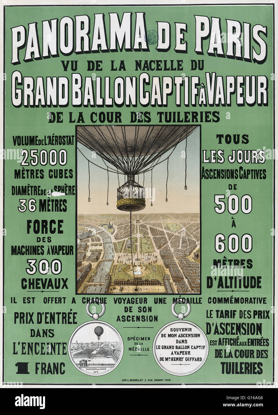 Französisches Plakat zeigt den Korb des Henri Giffards Fesselballon und Vogelperspektive von Paris, Ballon-Besteigungen auf der Weltausstellung 1878 zu werben. Henri Giffard (8. Februar 1825 - 14. April 1882) war ein französischer Ingenieur. Er erfand den Injektor ein Stockfoto