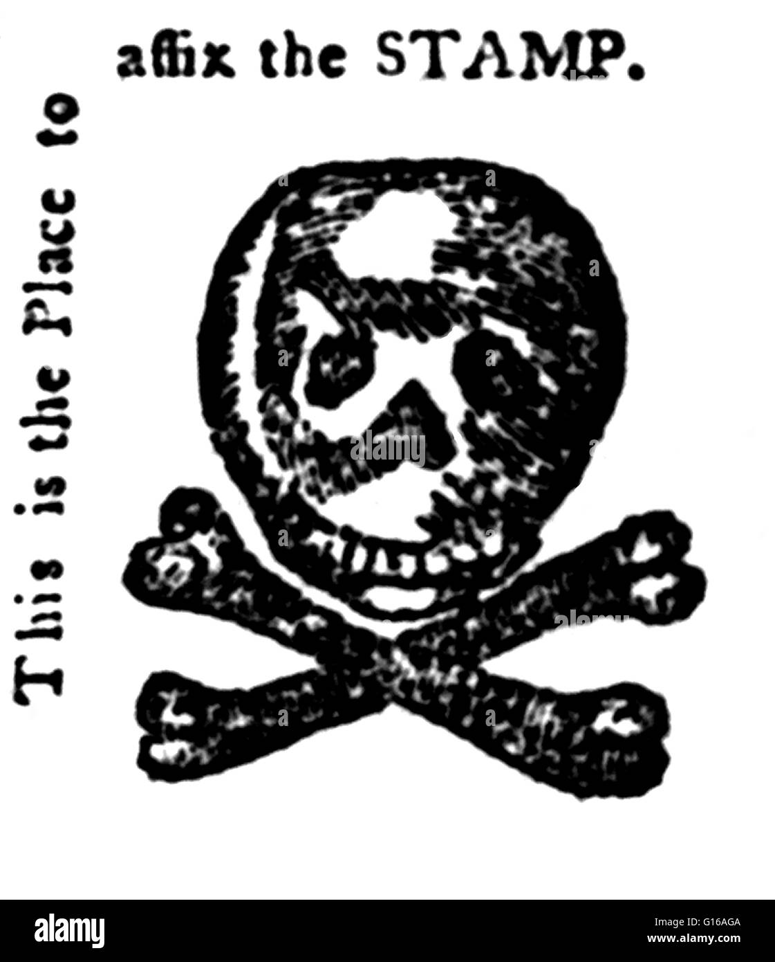 Druck zeigt eine Totenkopf-Darstellung von den amtlichen Stempel erforderlich durch den Stamp Act von 1765. Berechtigt: Dies ist der Ort, um den Stempel zu befestigen. Das Stempelgesetz 1765 war eine direkte Steuer auferlegt durch das britische Parlament auf die Kolonien der britischen Stockfoto