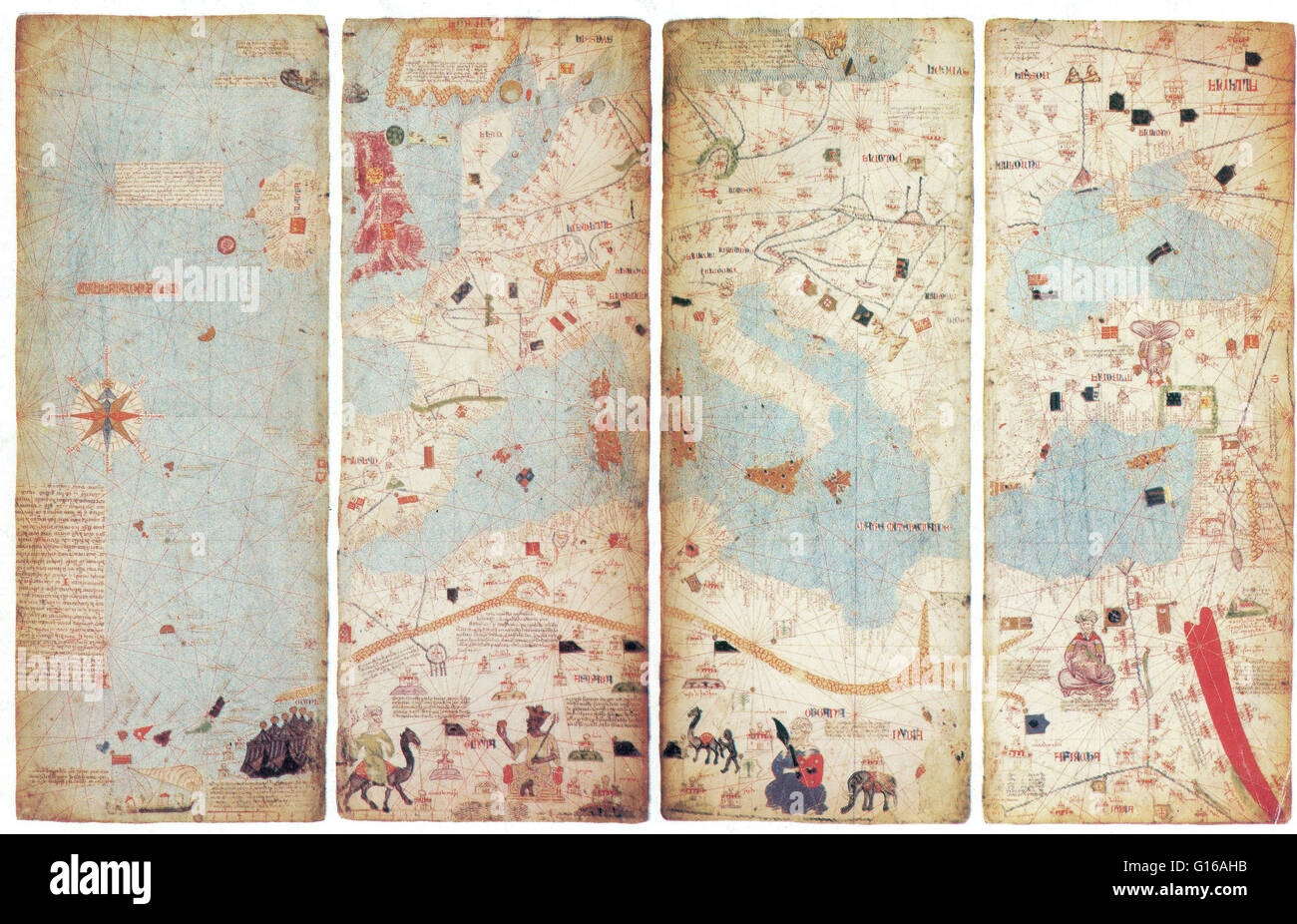 Die katalanischen Atlas ist die wichtigste katalanische Karte des Mittelalters (gezeichnet und geschrieben im Jahre 1375). Es wurde von der mallorquinischen kartographischen Schule produziert und ist zurückzuführen auf Cresques Abraham (auch Abraham Cresques), eine jüdische Buch-Beleuchtung der Se war Stockfoto