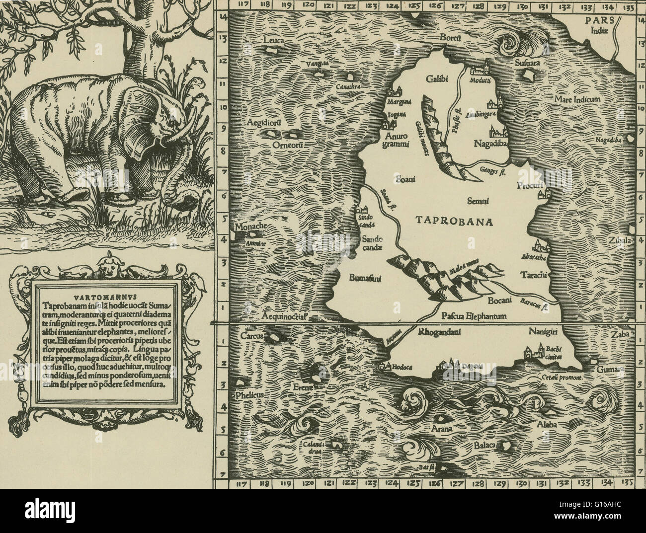 Ptolemäus-Karte von Ceylon Grundlage auf der Beschreibung enthaltenen im ptolemäischen Buch Geographia, 150 n. Chr. geschrieben. Obwohl echte Karten nie gefunden wurden, enthält der Geographia Tausende von Referenzen zu den verschiedenen Teilen der alten Welt, mit den Koordinaten für Stockfoto