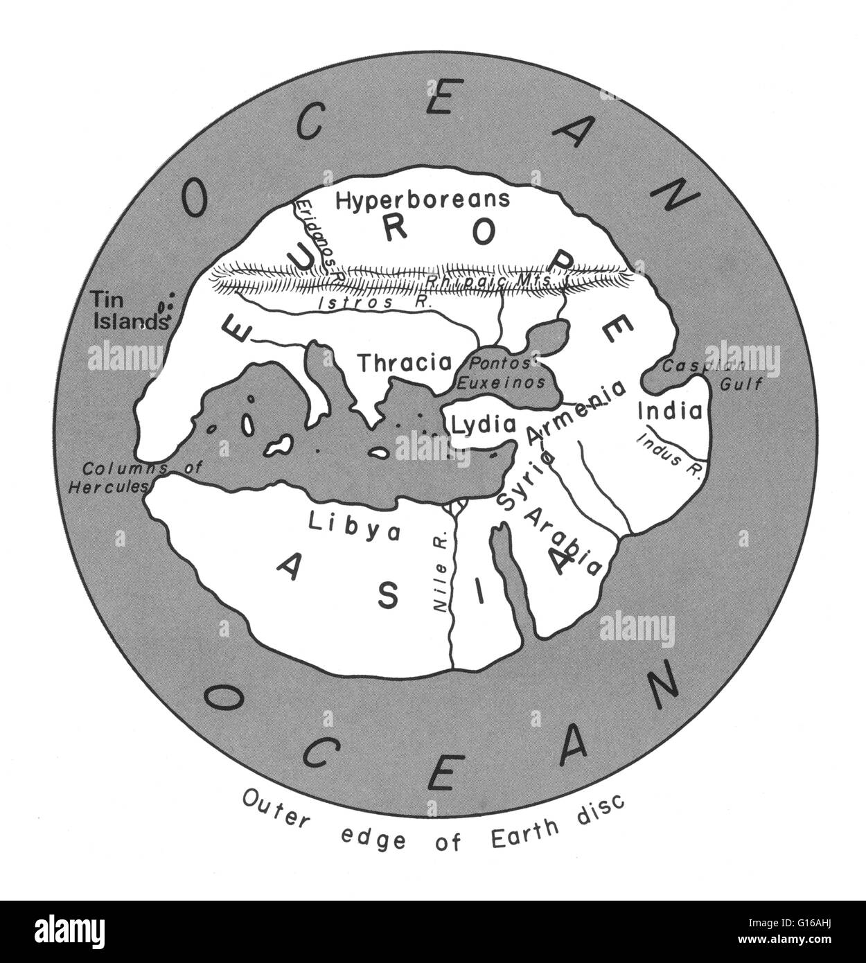 Die Welt als Hippokrates wusste es. Karte von Hekataeos stellt 500 v. Chr. die mediterrane Ansicht der Erde dar. Hekataeos von Milet (550 v. Chr. - 476 v. Chr.), benannt nach der griechischen Göttin Hekate, war eine frühe griechische Historiker von einer wohlhabenden Familie. Er blühte duri Stockfoto