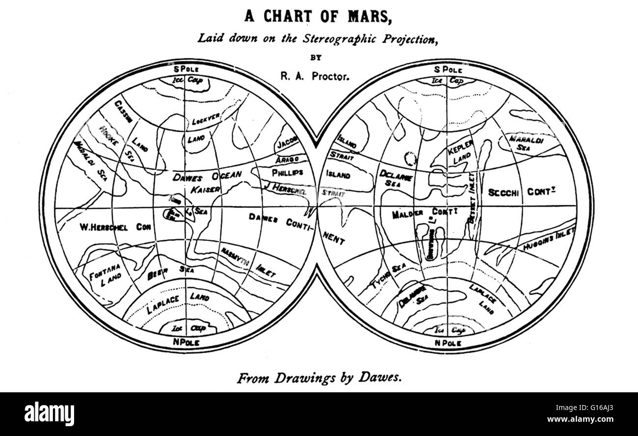 Richard Anthony Proctor (23. März 1837 - 12. September 1888) war ein englischer Astronom. Er ist am bekanntesten für eine der frühesten Karten des Mars im Jahre 1867 von 27 Zeichnungen produziert durch die englische Beobachter William Rutter Dawes. Proctor verdient eine sch Stockfoto