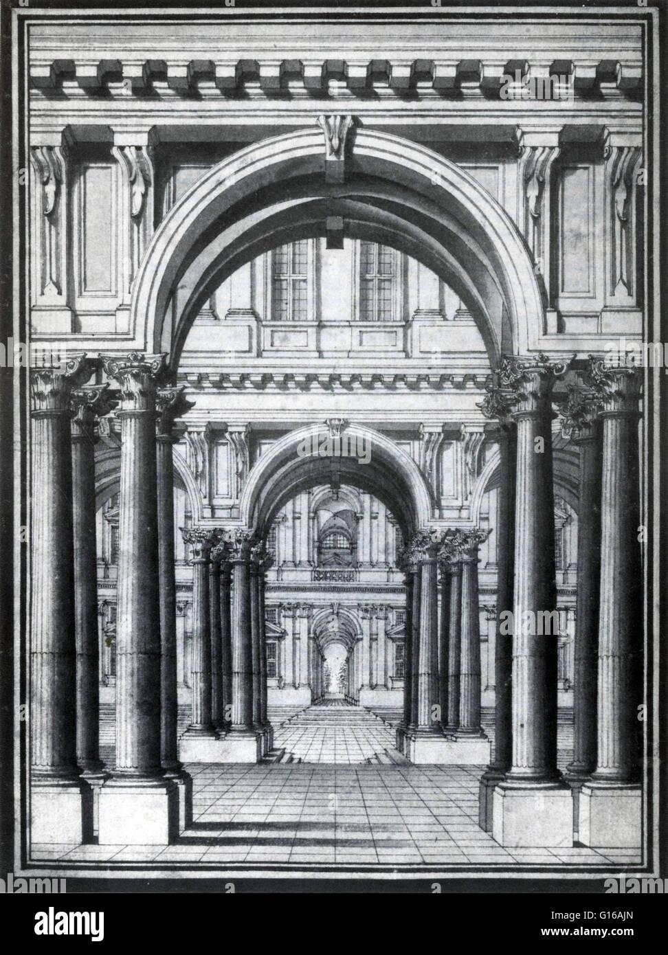 Kreidezeichnung für Bühnenbild. Torinese Schule, 1700's. Perspektive, im Rahmen der Vision und der visuellen Wahrnehmung, ist die Art und Weise, in der Objekte für das Auge, basierend auf ihre räumliche Attribute erscheinen; oder ihre Maße und die Position des Auges relativ zu Stockfoto