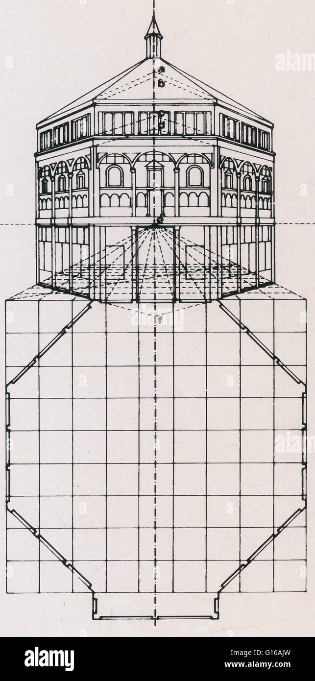 Schematische Rekonstruktion von Brunelleschis erste Panel mit Blick auf das Baptisterium San Giovanni in Florenz, in der zentralen Perspektive. In Zeichnung fordern die geometrischen Muster des Gebäudes fast die Entdeckung der Gesetze der Perspektive. In einem Stockfoto