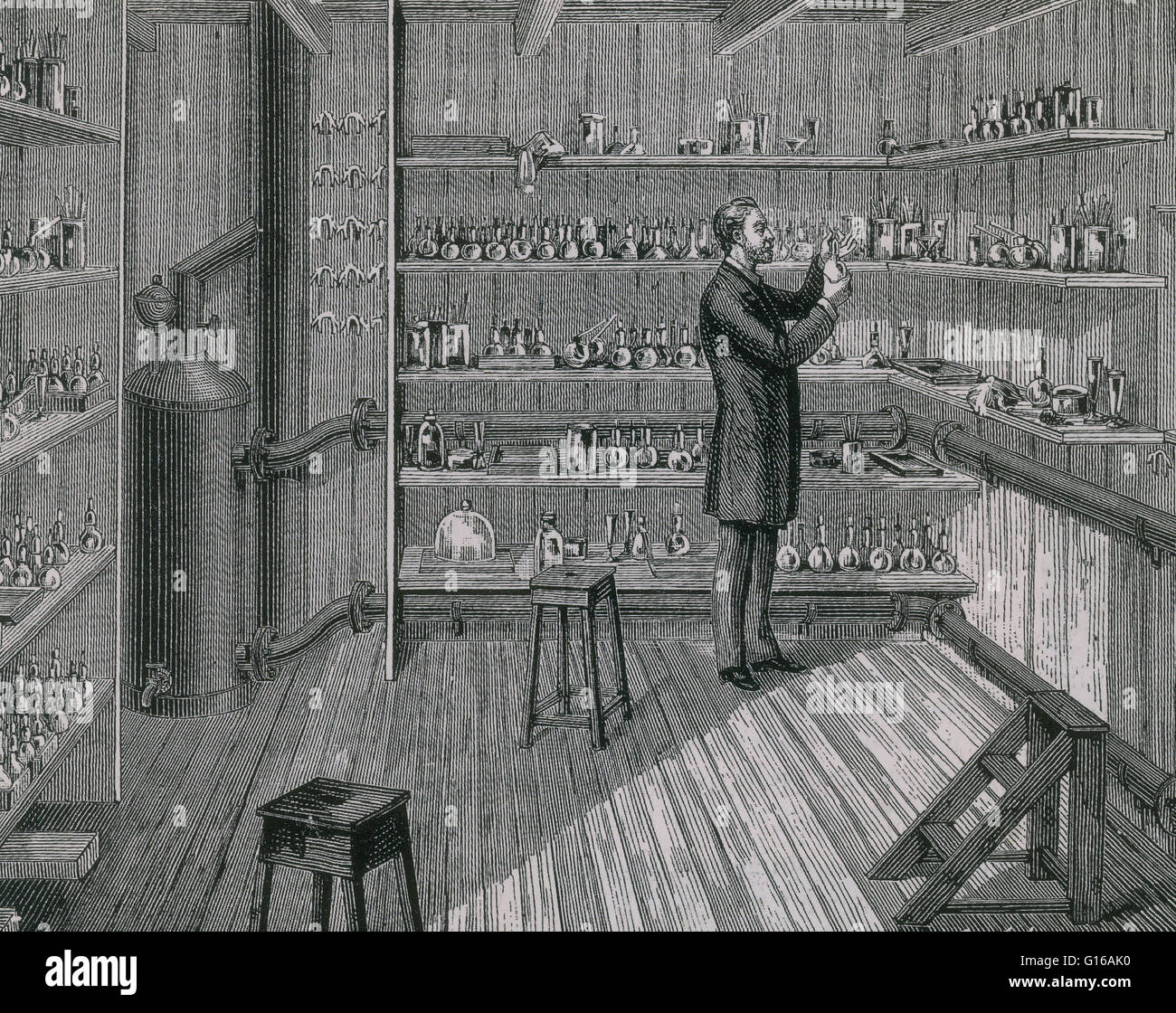Louis Pasteur in heißen Raum am Institut Pasteur, 1884. Die heißen Raum für den Anbau von Mikroben am Institut Pasteur, Paris. Kupferstich von Poyet in La Nature. Louis Pasteur (27. Dezember 1822 - 28. September 1895) war ein französischer Chemiker und bacterio Stockfoto