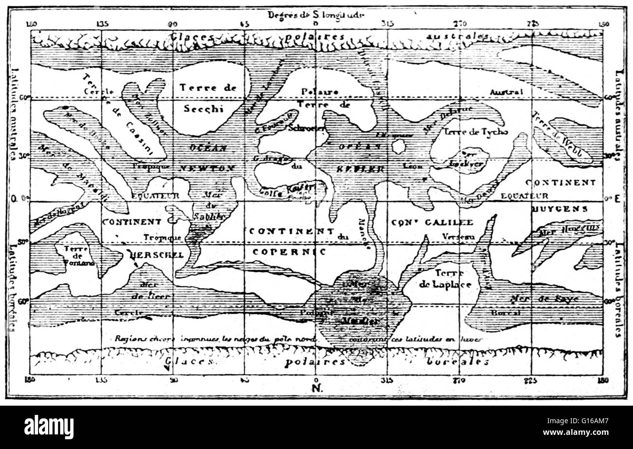 Karte von Mars von Flammarion, (1876) anhand der Nomenklatur von Proctor gemacht. Nicolas Camille Flammarion (26. Februar 1842 - 3. Juni 1925) war ein französischer Astronom und Autor populärwissenschaftlicher Werke über Astronomie, mehrere bemerkenswerte frühen Science-Fiction-n Stockfoto