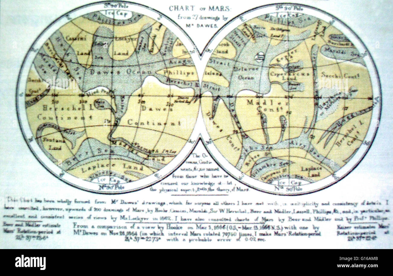 Mars-Karte, die stereographische Projektion. Richard Anthony Proctor (23. März 1837 - 12. September 1888) war ein englischer Astronom. Er ist am bekanntesten für eine der frühesten Karten des Mars im Jahre 1867 von 27 Zeichnungen produziert durch die englische Beobachter Willia Stockfoto
