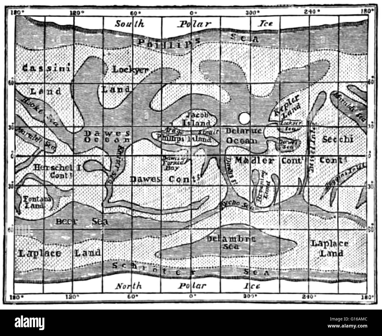Mars-Karte. Richard Anthony Proctor (23. März 1837 - 12. September 1888) war ein englischer Astronom. Er ist am bekanntesten für eine der frühesten Karten des Mars im Jahre 1867 von 27 Zeichnungen produziert durch die englische Beobachter William Rutter Dawes. Proctor ea Stockfoto