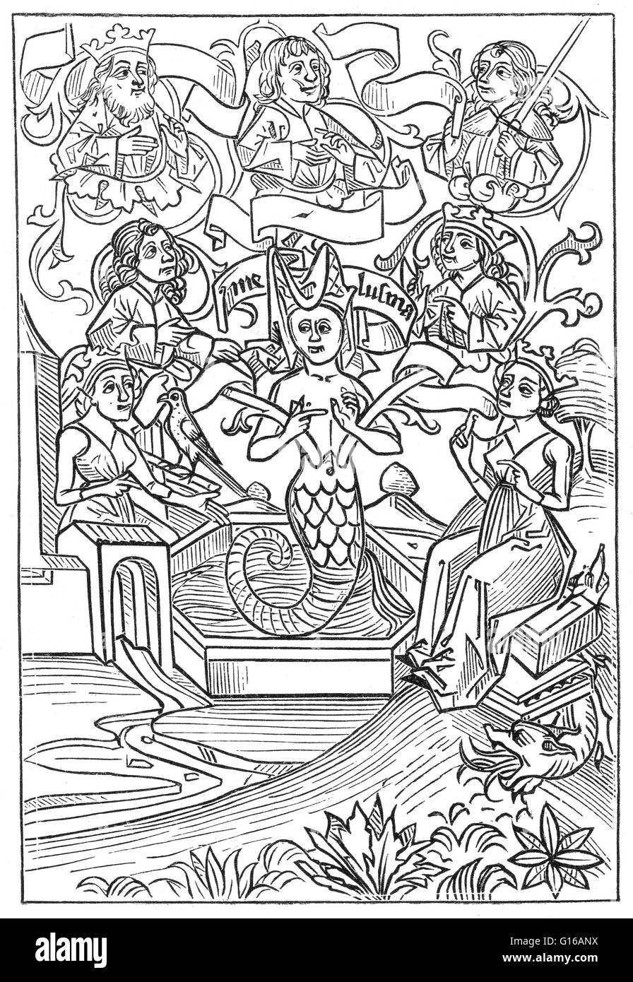 Melusine ist eine Figur der europäischen Legenden und Folklore, eine weibliche Geist des frischen Wassers in heiligen Quellen und Flüssen. Sie ist in der Regel als eine Frau dargestellt, die eine Schlange oder ein Fisch von der Taille abwärts (ähnlich wie eine Meerjungfrau) ist. Sie wird manchmal auch illustriert Stockfoto