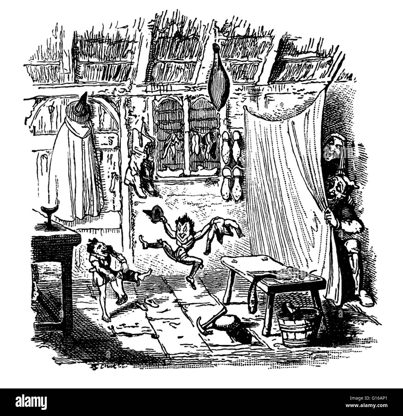 "Die Elfen und der Schuster" ist eine oft kopiert und neu gemacht 1806 Geschichte über die Armen Schuster, Hilfe von Elfen erhält. Die ursprüngliche Geschichte ist die erste der drei Märchen, als Eintrag 39 in der deutschen Grimms Märchen enthalten. Ein armer Schuster ein Stockfoto